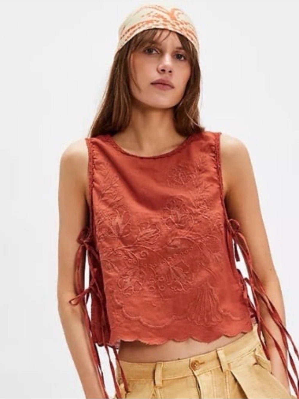 Free People Faded Gardens Tank Size S Baked Clay Embroidered Crop Tie Side